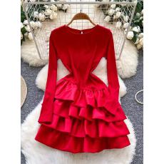 批发生日派对礼服女欧美小众<b class='q'>名媛</b>高级感收腰显瘦荷叶边拼接长袖<b class='q'>连衣裙</b>