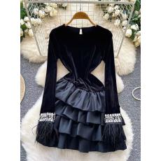 批发晚会礼服女冬轻奢<b class='q'>名媛</b>重工烫钻毛毛拼接长袖收腰荷叶边<b class='q'>连衣裙</b>