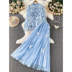 批发法式<b class='q'>名媛</b>温柔粉色精致减龄蕾丝刺绣立领外套超仙飘逸网纱长裙套装