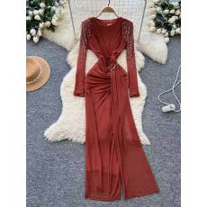 批发欧美风<b class='q'>名媛</b>高级感轻奢镶钻长袖<b class='q'>连衣裙</b>女秋季网纱飘带修身优雅礼服