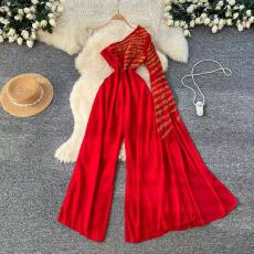 批发欧美小众轻奢<b class='q'>名媛</b>重工烫钻飘带长袖斜肩高腰显瘦气质礼服连体长裤