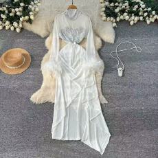 批发小众<b class='q'>名媛</b>轻奢毛毛袖亮片网纱长袖拼接收腰荷叶边开叉包臀<b class='q'>连衣裙</b>女