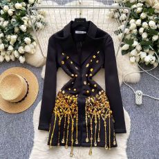 批发<b class='q'>欧美</b>时尚轻奢重工烫钻亮片流苏西装连衣裙女秋季收腰显瘦黑色<b class='q'>礼服</b>