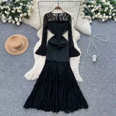 批发法式轻奢<b class='q'>名媛</b>高端气质蕾丝长袖拼接收腰<b class='q'>连衣裙</b>女修身鱼尾礼服长裙