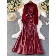 批发欧美轻奢名媛高级感<b class='q'>雪纺</b>长袖拼接PU皮绑带收腰荷叶边连衣裙女<b class='q'>长裙</b>