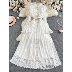 批发新款法式女装<b class='q'>连衣裙</b>高级感木耳边拼接单排扣<b class='q'>收腰</b>蕾丝刺绣长裙