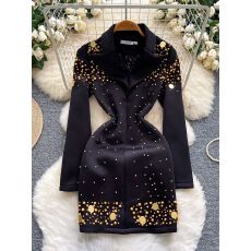 批发欧美小众轻奢名媛重工钉珠亮片<b class='q'>西装</b>连衣裙女收腰显瘦包臀黑色礼服