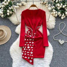 批发<b class='q'>欧美</b>时尚重工镶钻亮片收腰不规则连衣裙女秋季修身显瘦名媛<b class='q'>礼服</b>裙