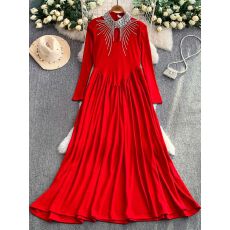 批发<b class='q'>欧美</b>ins轻奢高级感镂空镶钻圆领连衣裙女秋冬收腰显瘦大摆<b class='q'>礼服</b>裙