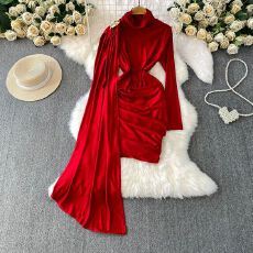 批发<b class='q'>欧美</b>优雅气质飘带半高领连衣裙女秋冬设计感褶皱收腰包臀<b class='q'>礼服</b>裙子