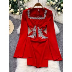 批发<b class='q'>欧美</b>轻奢名媛婚礼时尚重工镶钻方领连衣裙女修身显瘦喇叭袖<b class='q'>礼服</b>