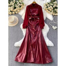 批发<b class='q'>欧美</b>ins小众洋气高级感PU皮拼接网纱长袖收腰显瘦鱼尾连衣裙<b class='q'>礼服</b>