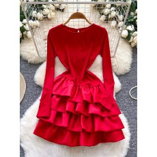 批发生日派对<b class='q'>礼服</b>女<b class='q'>欧美</b>小众名媛高级感收腰显瘦荷叶边拼接长袖连衣裙