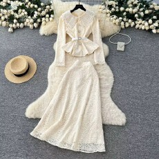 批发法式名媛小香风套装女重工绣珠<b class='q'>娃娃</b>领绑带收腰长袖上衣高腰半身<b class='q'>裙</b>