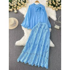 批发轻熟风系带蝴蝶结圆领<b class='q'>灯笼</b>袖衬衫上衣套装高腰显瘦蕾丝拼接半身<b class='q'>裙</b>