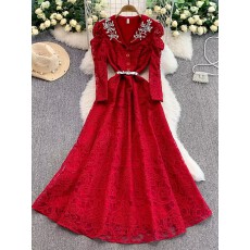 批发高级感轻奢重工镶钻V领长袖连衣裙女夏绑带收腰蕾丝订婚<b class='q'>礼服</b><b class='q'>长裙</b>