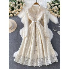 批发轻奢千金风重工钉珠<b class='q'>娃娃</b>领连衣<b class='q'>裙</b>女秋冬高级感蕾丝收腰显瘦礼服<b class='q'>裙</b>