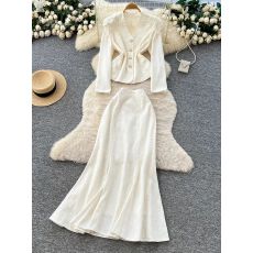 批发<b class='q'>欧美</b>轻奢名媛V领绣珠开衫外套+高腰显瘦鱼尾中长<b class='q'>裙</b><b class='q'>两件套装</b>