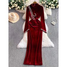 批发轻奢优雅风黑色钻链高领连衣<b class='q'>裙</b>女长袖收腰鱼尾<b class='q'>裙</b>显瘦长<b class='q'>裙</b>