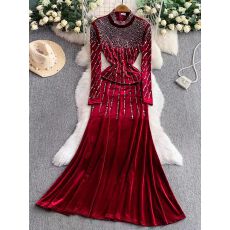 批发欧美ins重工闪闪烫钻立领连衣裙女冬季丝绒收腰优雅鱼尾<b class='q'>礼服</b><b class='q'>长裙</b>