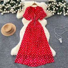 批发法式高端气质重工镶钻V领褶皱收腰连衣<b class='q'>裙</b>女气质波点长<b class='q'>裙</b>