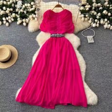 批发女神范小众设计感压褶翻领纽扣收腰显瘦气质<b class='q'>中</b>长款过膝雪纺<b class='q'>连衣裙</b>