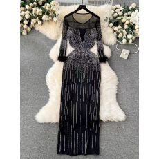 批发欧美连衣裙女新款轻奢设计感烫钻毛圈长袖修身长款网纱<b class='q'>礼服</b>裙