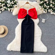 批发晚宴礼服女<b class='q'>高端</b>精致晚会<b class='q'>连衣裙</b>时尚镶钻链条挂脖蝴蝶结修身小礼裙