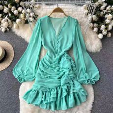 批发V领显瘦<b class='q'>高腰</b>性感褶皱木耳边不规则泡泡包臀鱼尾连衣<b class='q'>裙</b>子