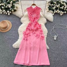 批发礼服裙高级感立体花朵圆领无袖连衣裙女<b class='q'>秋</b>冬时尚小众婚礼长裙