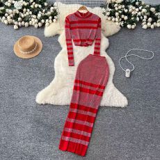 批发欧美风外贸ins轻奢重工烫钻半高领短款上衣+<b class='q'>高腰</b>显瘦包臀长<b class='q'>裙</b>套装