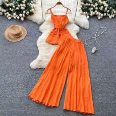 批发轻熟风穿搭女御姐范高级感绑带收腰吊带西装小背心<b class='q'>高腰</b>百褶阔腿裤