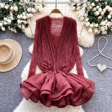 批发欧美风名媛高级感长袖连衣裙女<b class='q'>秋</b>季网纱褶皱荷叶边设计蓬蓬短裙子