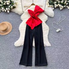 批发轻奢御姐性感斜肩收腰撞色拼接高腰连体裤女夏季<b class='q'>欧美</b>时尚露肩<b class='q'>礼服</b>