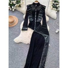 批发欧美洋气轻熟风木耳边拼接长袖蕾丝修身上衣高腰皮衣拼接包臀长裙