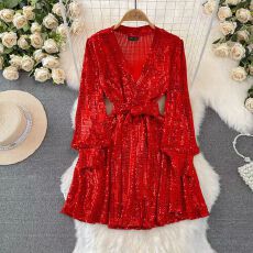 批发欧美时尚名媛气质灯笼<b class='q'>长袖</b>深V领收腰显瘦<b class='q'>中</b>长款a字闪闪亮片<b class='q'>连衣裙</b>