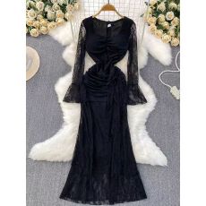 批发高级感性感蕾丝方领带胸垫拼接喇叭袖连衣裙女<b class='q'>秋</b>季收腰优雅鱼尾裙