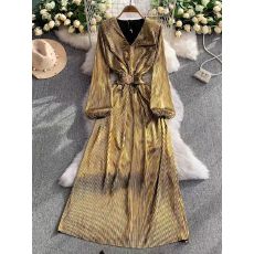 批发欧美ins外贸高级金属感V领礼服连衣裙女<b class='q'>秋</b>冬绑带收腰显瘦过膝长裙