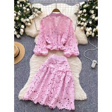 批发法式气质套装女高级感绑带收腰<b class='q'>灯笼</b>袖镂空钩花蕾丝上衣高腰半身<b class='q'>裙</b>