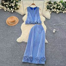 批发<b class='q'>高端</b>气质立体花朵圆领无袖上衣女名媛穿搭高级感显瘦半身裙