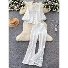 批发时尚套装女轻奢名媛高级感百搭镂空<b class='q'>灯笼</b>袖钩花蕾丝上衣高腰喇叭裤