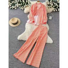 批发慵懒风条纹背心衬衫阔腿裤三件套女<b class='q'>春秋</b>季通勤职场气质时尚套装