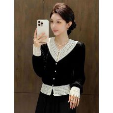 批发秋冬独特漂亮黑色丝绒打底<b class='q'>衬衫</b>女设计感法式轻熟复古正肩<b class='q'>长袖</b>上衣