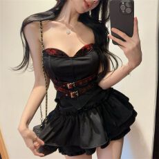 批发性感辣妹不规则设计格纹拼接抹胸背心女复古气质撞色修身显瘦上衣