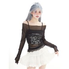 批发美式一字肩防晒<b class='q'>罩衫</b>女秋季透视内搭长袖t恤辣妹露肩修身网纱上衣