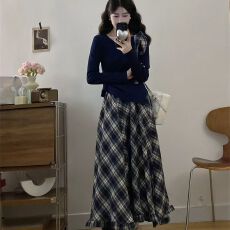 批发不规则斜肩长袖上衣雪纺格纹半身裙女套装薄款2025早秋新款<b class='q'>连衣裙</b>
