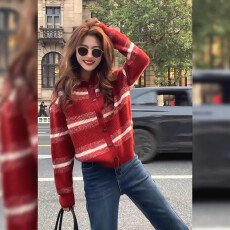 批发红色<b class='q'>条纹</b>毛衣外套女秋冬费尔岛毛针织开衫圣诞新年氛围感长袖上衣