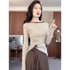 批发韩系一字肩撞色长袖<b class='q'>针织衫</b>女装2025新款秋冬季内搭<b class='q'>打底衫</b>套头上衣