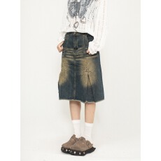 批发大码女装美式复古牛仔半身裙女新款褶皱设计感小众高腰a字裙官图