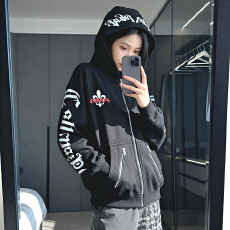 批发华夫格加绒加厚连帽开衫<b class='q'>卫衣</b>女秋宽松慵懒风潮牌<b class='q'>短款</b>外套